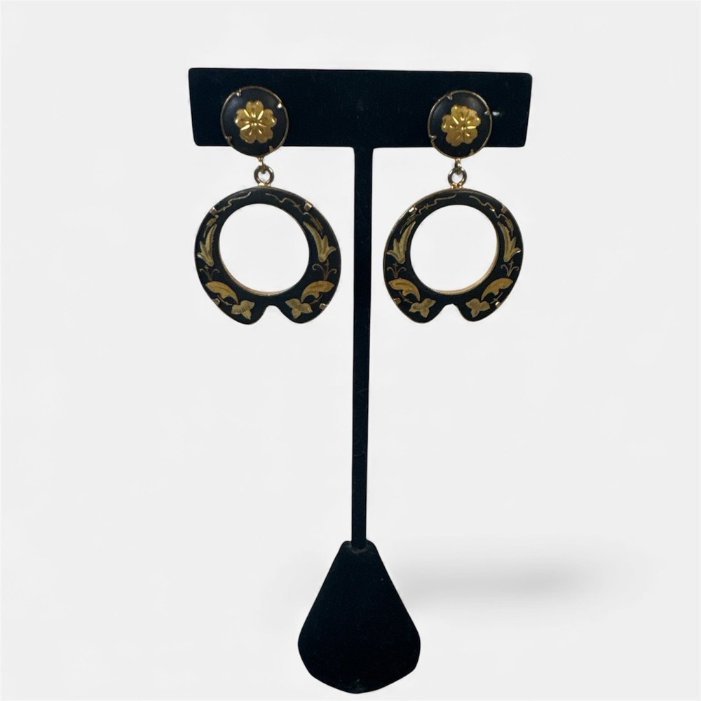 Vintage Damascene Earrings Clip On Round Dangles Birds Flowers Black Gold Tone